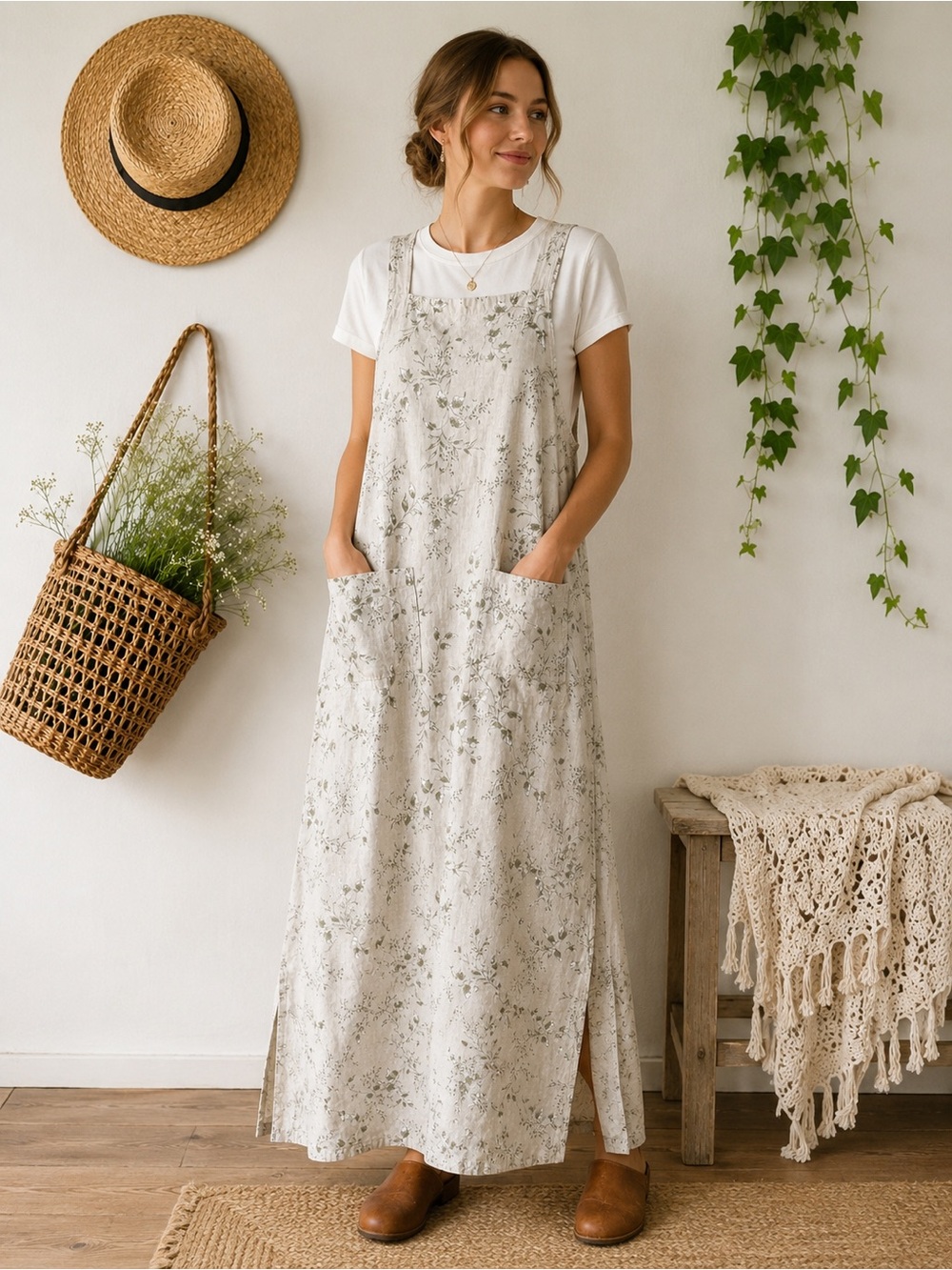 Vintage Linen Blend Apron Jumper Maxi Dress Flax & Moss Floral Print Large